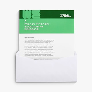 A letter mailer printed with World Express in green and white coming out of a white envelope.