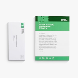 A letter mail custom printed with World Express details and a green and white design next to an envelope.