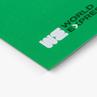 The bottom corner of a custom letterhead printed with World Express on a green background.