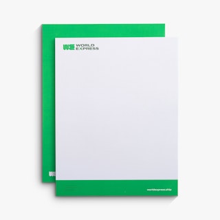 Two letterheads with a green and white design overlapping each other with World Express printed in the corner.