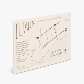 A custom map card printed with details and directions for a wedding venue.