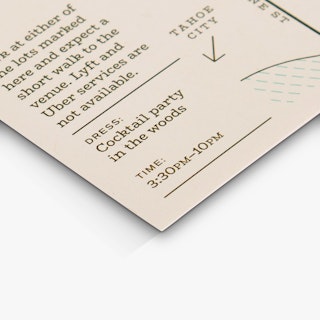 The corner of a wedding map card printed with directions, a map and venue details in dark green.