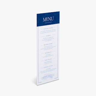 A custom menu card printed with a blue and white design and food and drink options.