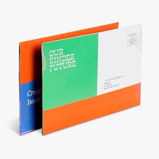 Two nonprofit newsletters overlapping each other with an orange, green, blue and white design.
