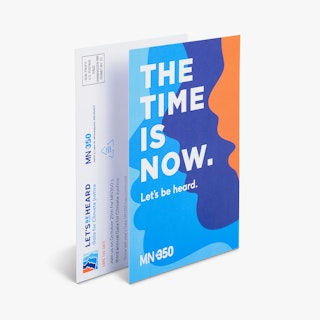 Two direct mail postcards printed with The Time Is Now and a blue, purple and orange background.