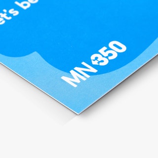The bottom corner of a nonprofit postcard printed with MN350 in white against a blue background.