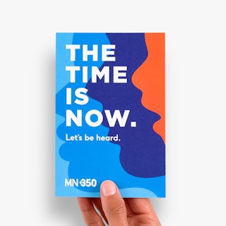 A hand holding a direct mail postcard printed with a blue, purple and orange background and The Time Is Now.