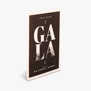 A black and white invitation printed with You're Invited and Gala for the National Parks on the front.