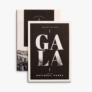 Two nonprofit invites overlapping each other with a black and white design for a national parks gala.
