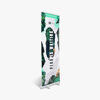 A retractable banner printed with Peru Is Waiting with a white and green leaf design.