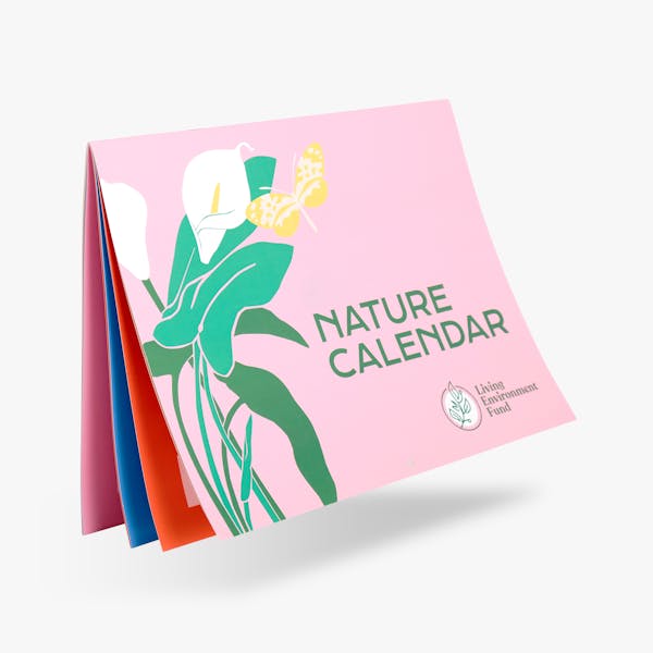 A saddle stitch calendar printed with a pink cover and Nature Calendar in green.