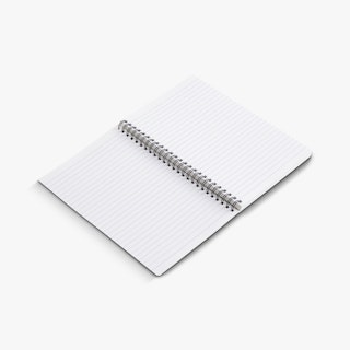 A custom notebook laying open to pages with lines and bound with black wire coils.