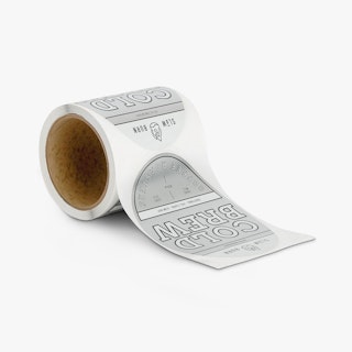 Custom roll labels printed with a silver design and Cold Brew in black and white.