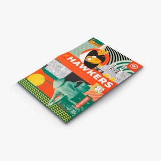 A pocket folder laying open and flat with a collage of graphics in orange, white, green and yellow.