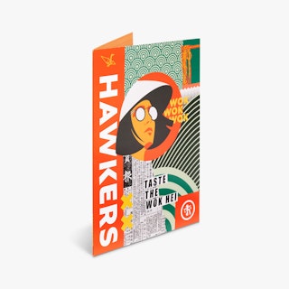 A custom pocket folder printed with Hawkers and a collage of graphics in orange, green and black.