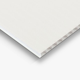 The bottom corner of a lawn sign printed with a solid white background and white edge.