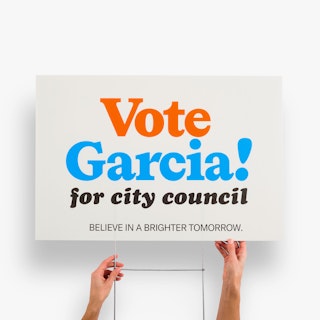 Two hands holding a political yard sign and H-stake printed with Vote Garcia for City Council.