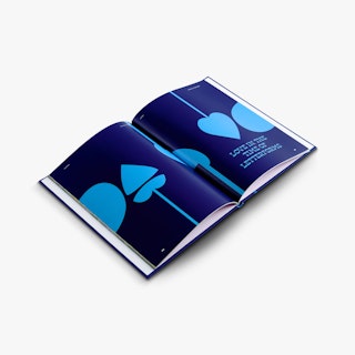 A custom portfolio laying open to page printed with a light and dark blue design.