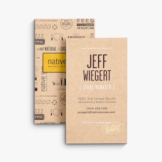 Two business cards overlapping each other and printed on Kraft paper with native sun and contact information.