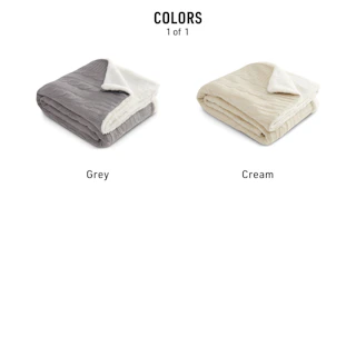 Two folded custom blankets with a cable knit front and sherpa back and their color names underneath them.