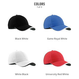 Four custom Nike caps in black, blue, white and red with their color names below each one.