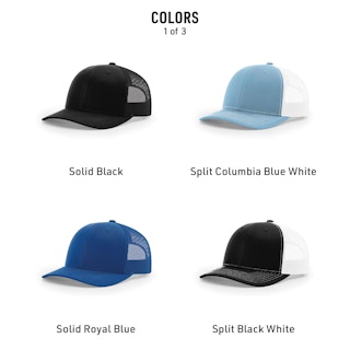 Four custom trucker hats in shades of black, white and blue with their color names below them.