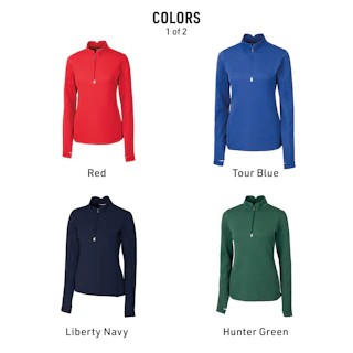 Four women's quarter zip pullovers in solid colors with their color names listed underneath them.