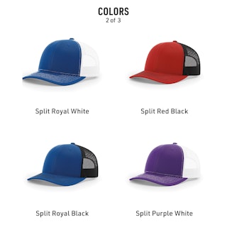 Four custom trucker hats in shades of blue, red and purple with their color names below them.