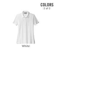 A company polo in solid white color with the word white beneath it.