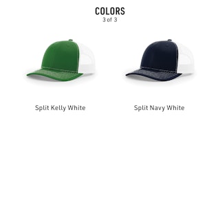 Two trucker hats in green and navy with their color names below them.