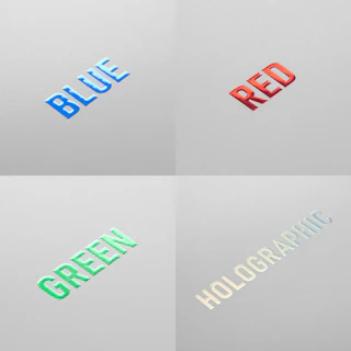 Four pieces of cardstock printed with raised foil in blue, red, green and holographic color.
