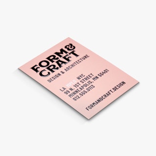 A raised UV business card printed with Form & Craft in black and a pink background.