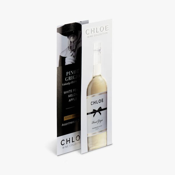 Two spot UV bookmarks overlapping each other and printed with Chloe Wine Collection marketing.