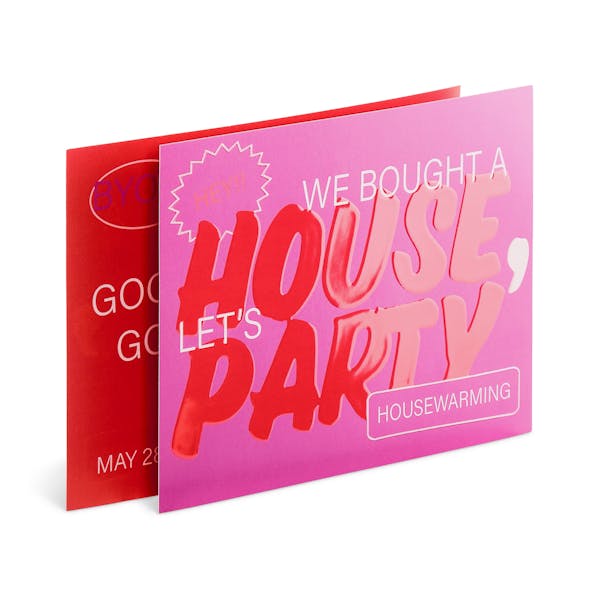Two spot UV invitations overlapping each other and printed with House Party in red and pink.