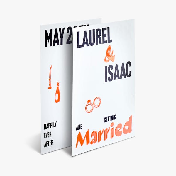 Two raised ink invites overlapping each other and printed with an orange, black and white design.
