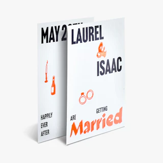 Two raised ink invites overlapping each other and printed with an orange, black and white design.