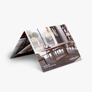 A tri-fold brochure printed with Modloft in the corner and an image of a modern dining room.