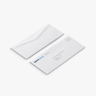 Two business envelopes custom printed with Agent Aaron in dark and light blue in the top left corner.