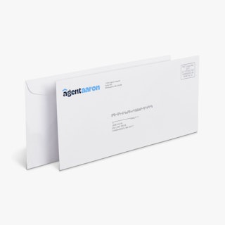Two real estate business envelopes overlapping each other and printed with Agent Aaron in blue in the corner.