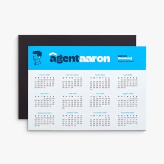 Two magnetic calendars overlapping each other with Agent Aaron at the top in blue and white.