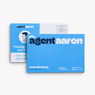 Two direct mail postcards overlapping each other and printed with real estate agent information.