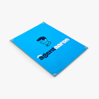 A realtor banner printed with silver grommets and Agent Aaron in a blue and white design.