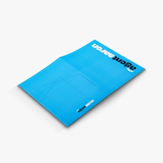 A real estate pocket folder laying open with a blue cover and Agent Aaron in dark blue and white.