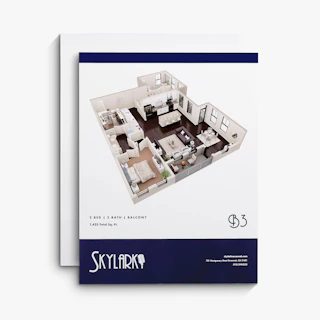 Two apartment sell sheets overlapping each other and printed with a layout and Skylark on the front.