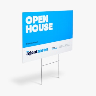 A real estate yard sign and H-stake printed with Open House in white on a blue background.