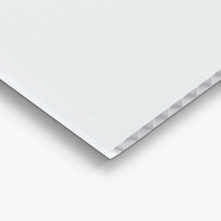 The corner of a lawn sign printed with a solid white background.