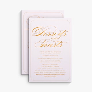 Two reception cards overlapping each other and printed with Desserts and Toasts and venue details in orange.