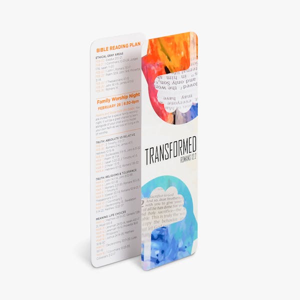 Two church bookmarks standing and overlapping each other with a blue, white and orange design.