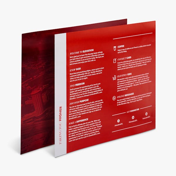 Two church bulletins overlapping each other and printed with a red and white design.