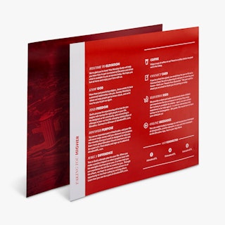 Two church bulletins overlapping each other and printed with a red and white design.